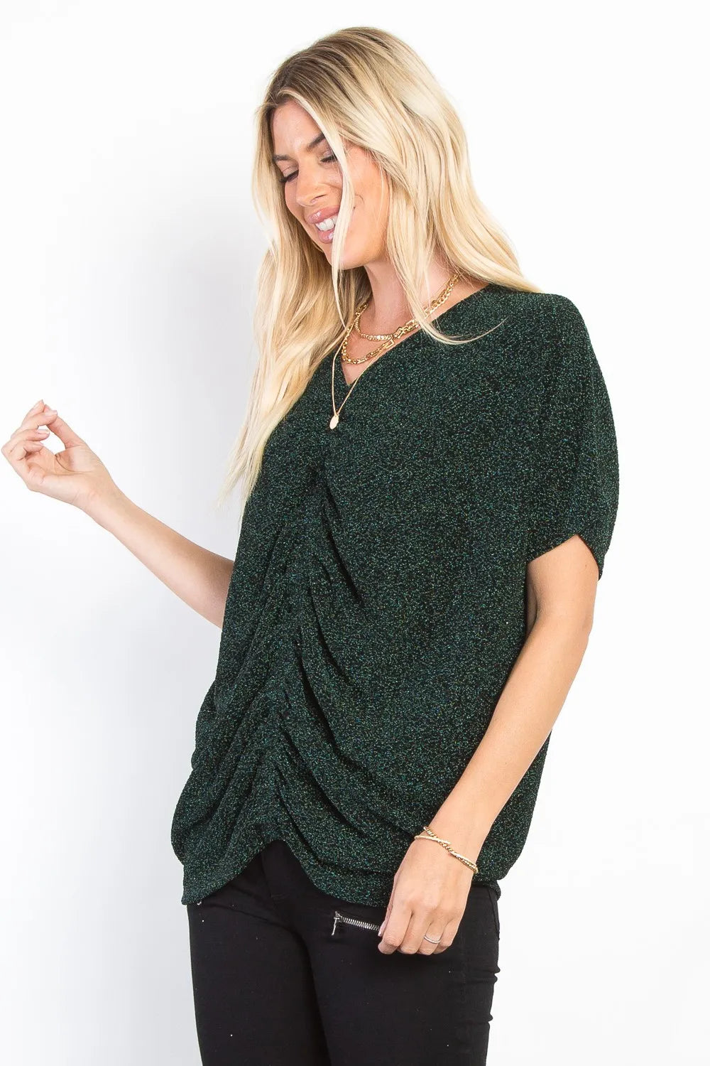 Be Stage Full Size Lurex Center Elastic Cinched Knit Top - Brittney MADE
