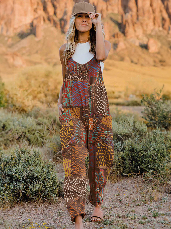 Double Take Full Size Printed V-Neck Sleeveless Jumpsuit - Brittney MADE
