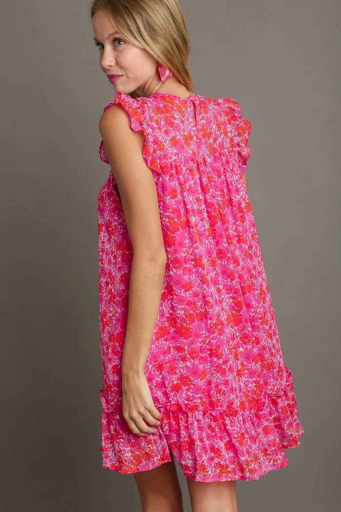 Umgee Full Size Smocked Detail Floral Metallic Ruffle Cap Sleeve Dress Plus Size - Brittney MADE