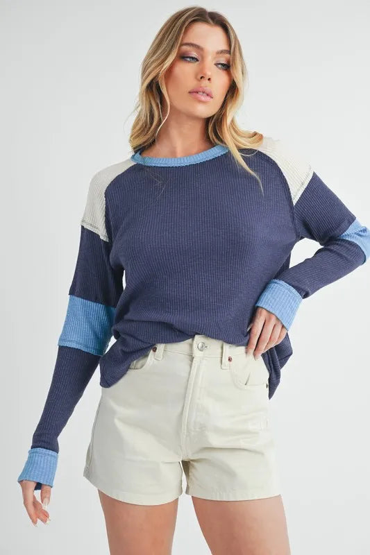 Aemi + Co Raw Seam Color Block Round Neck Knit Top - Brittney MADE