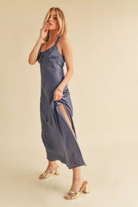 Aemi + Co Ruched Side Slit Cutout Back Maxi Cami Dress - Brittney MADE
