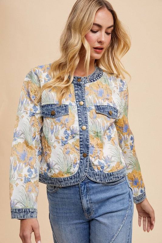 Annie Wear Floral Jacquard Denim Contrast Button Down Jacket - Brittney MADE