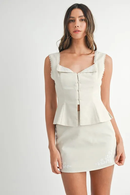 MABLE Embroidered Button Front Top and Mini Skirt Set - Brittney MADE