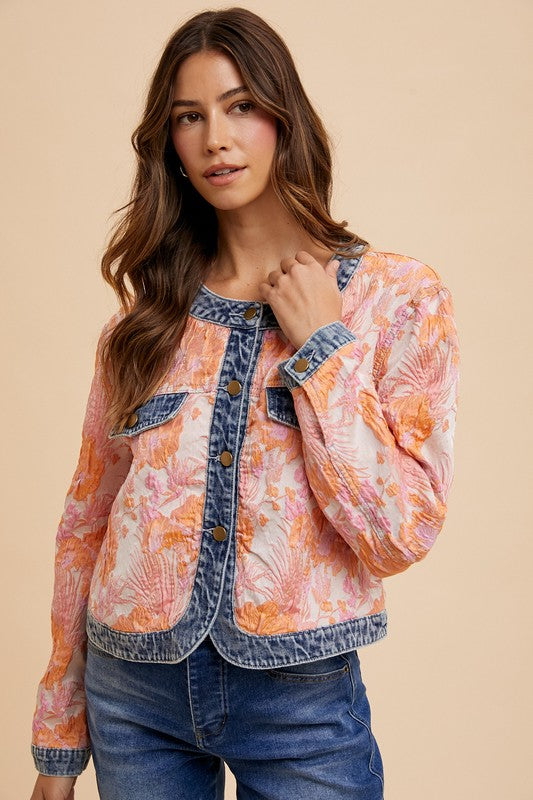 Annie Wear Floral Jacquard Denim Contrast Button Down Jacket - Brittney MADE