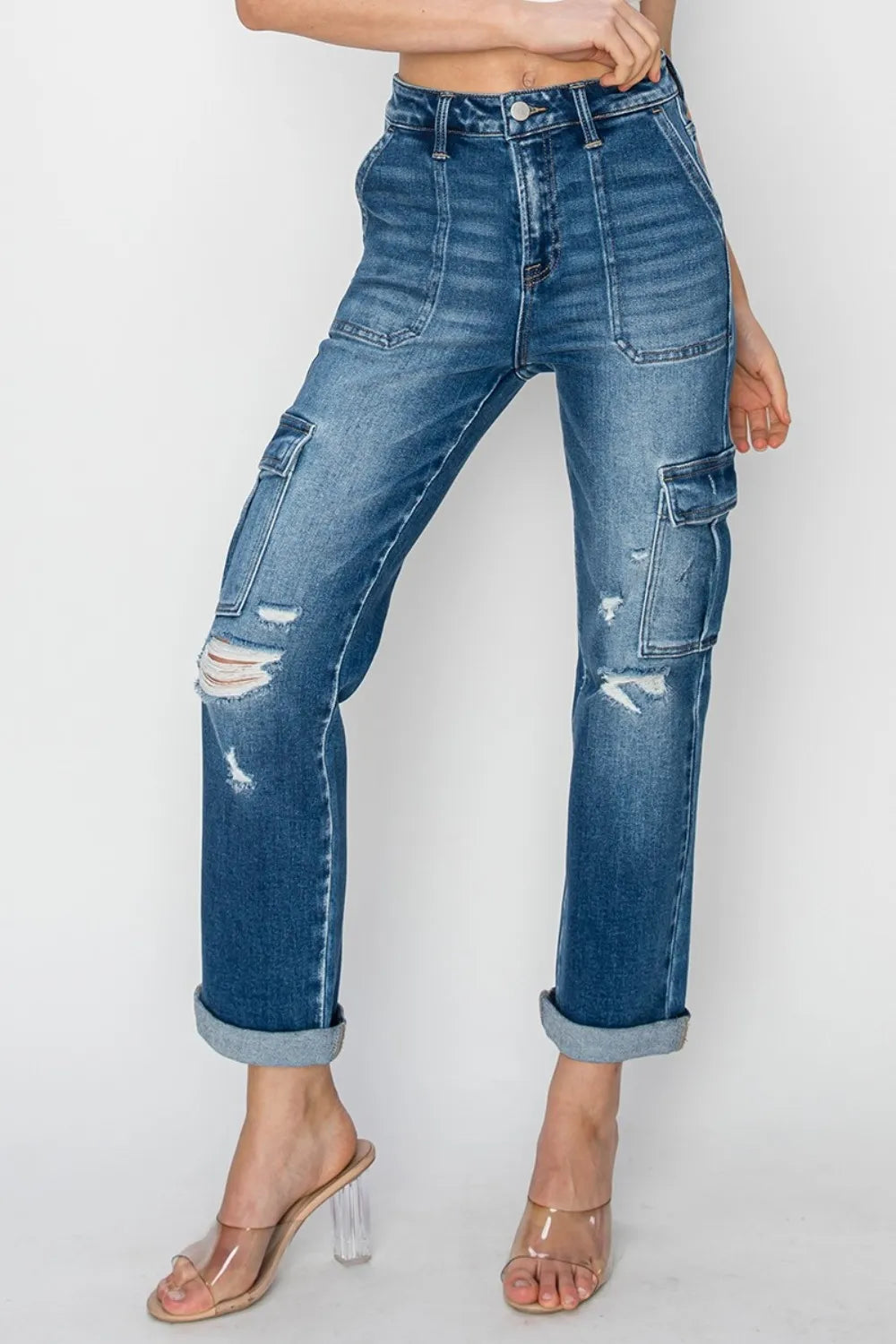RISEN Full Size High Rise Cargo Ankle Roll Up Straight Jeans - Brittney MADE
