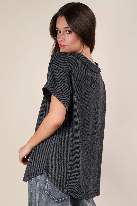 VERY J Plus Size Soft Two Tone Casual Comfy Ribbed Knit Top - Brittney MADE