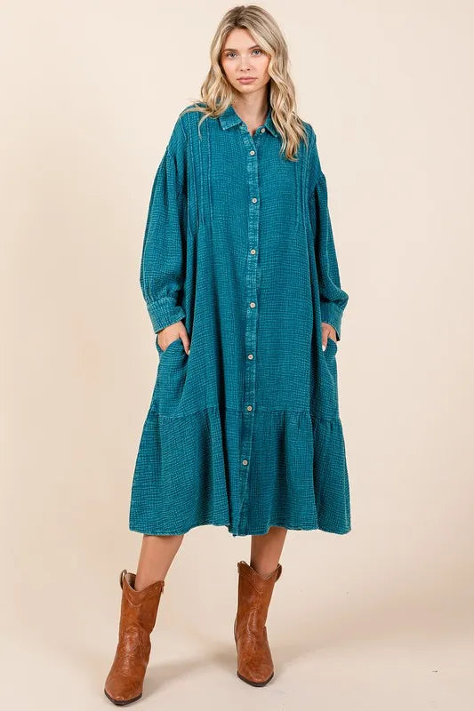 Mittoshop Mineral Wash Cotton Gauze Ruffle Midi Shirt Dress - Brittney MADE