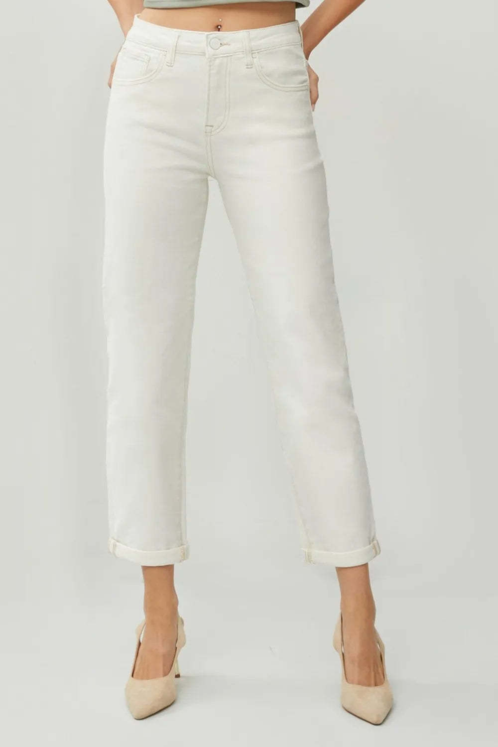 RISEN Full Size High Waist Rolled Hem Straight Jeans - Brittney MADE