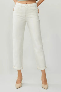 RISEN Full Size High Waist Rolled Hem Straight Jeans - Brittney MADE