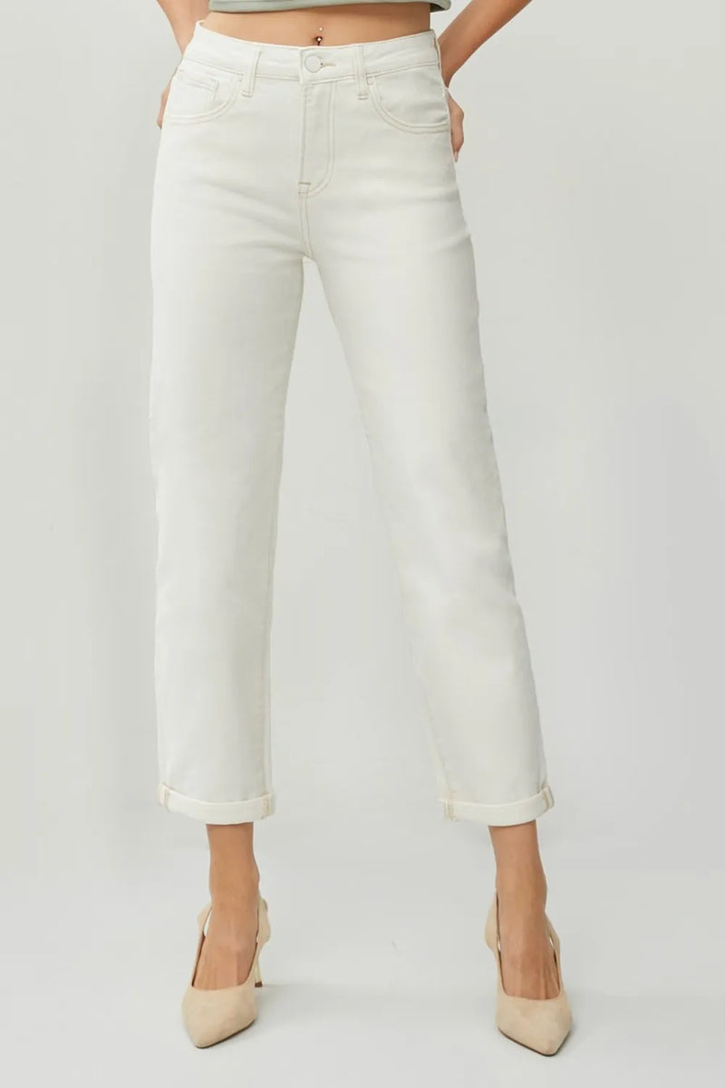 RISEN Full Size High Waist Rolled Hem Straight Jeans - Brittney MADE