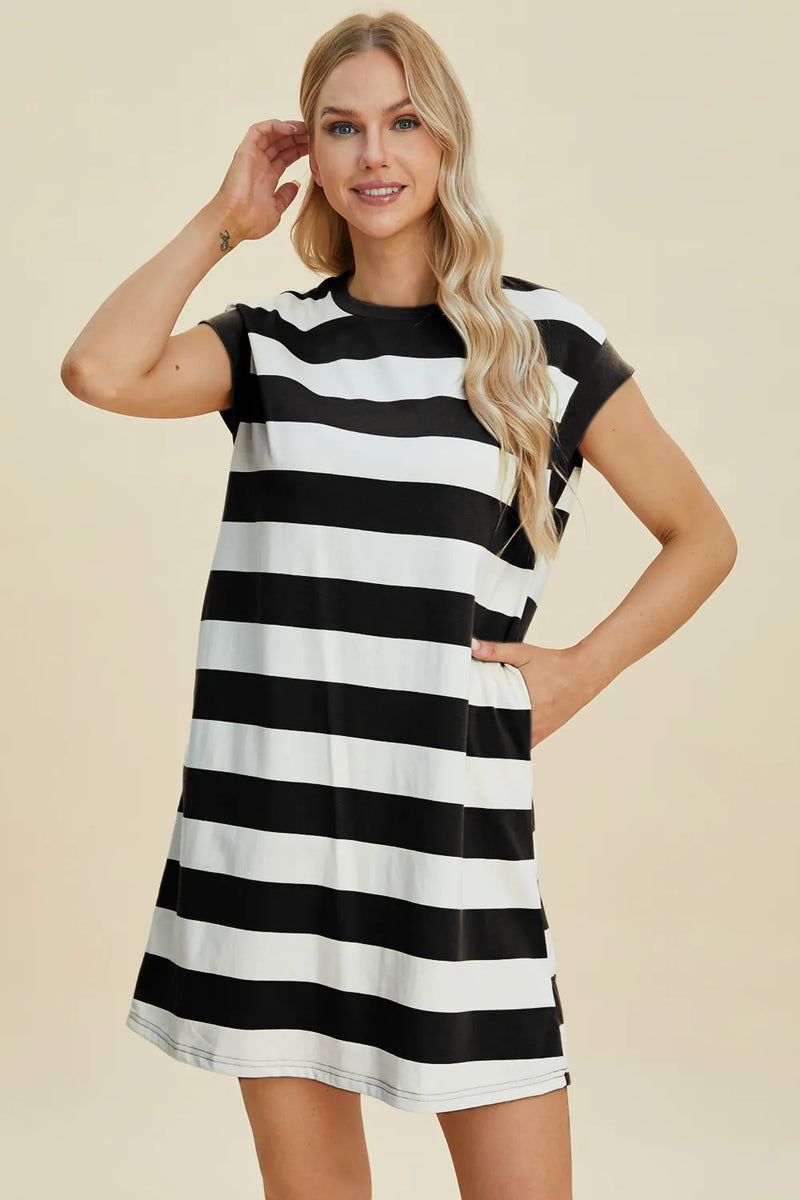Basic Bae Full Size Striped Round Neck Cap Sleeve Mini Dress - Brittney MADE