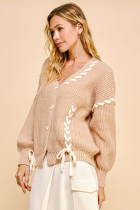 Davi & Dani Lace-Up Ribbon Bow Button Down Cardigan - Brittney MADE
