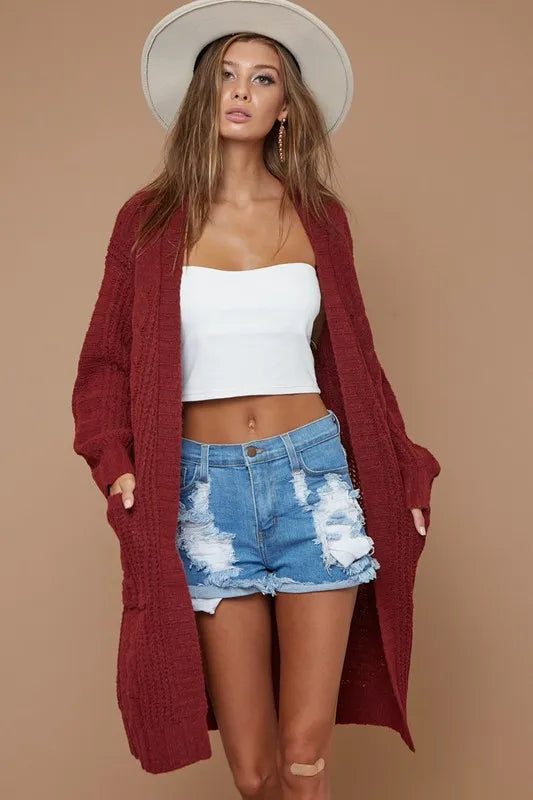 BiBi Cable-Knit Open Front Long Sleeve Cardigan - Brittney MADE