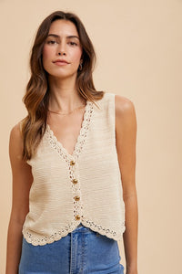 Annie Wear Crochet Trim Button Down Sweater Vest - Brittney MADE