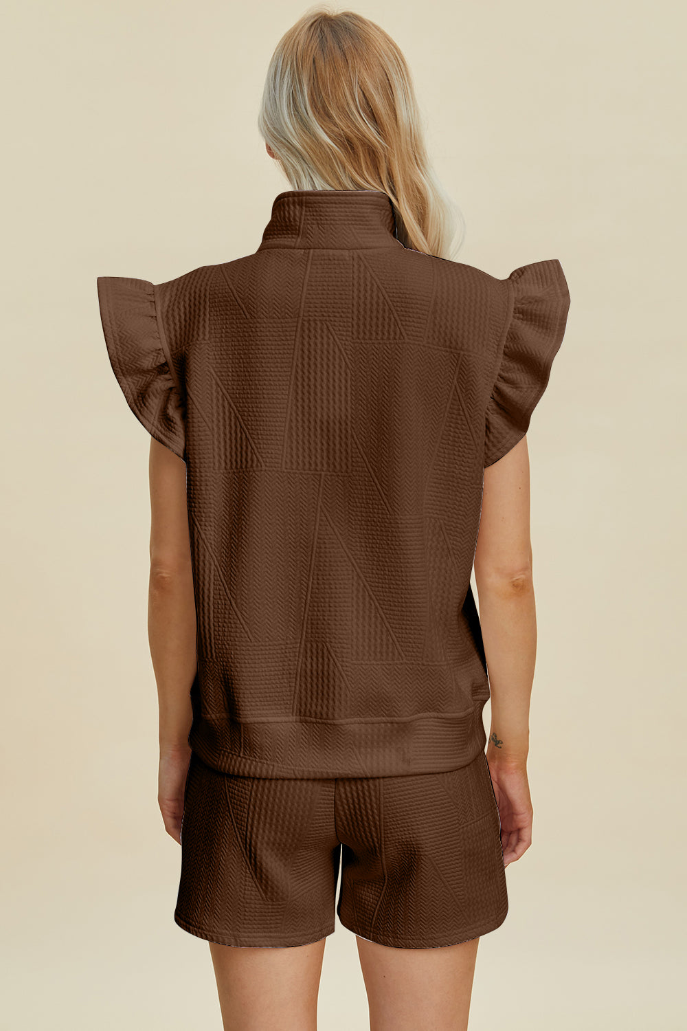 Double Take Full Size Texture Flounce Sleeve Top and Shorts Set - Brittney MADE