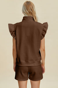 Double Take Full Size Texture Flounce Sleeve Top and Shorts Set - Brittney MADE