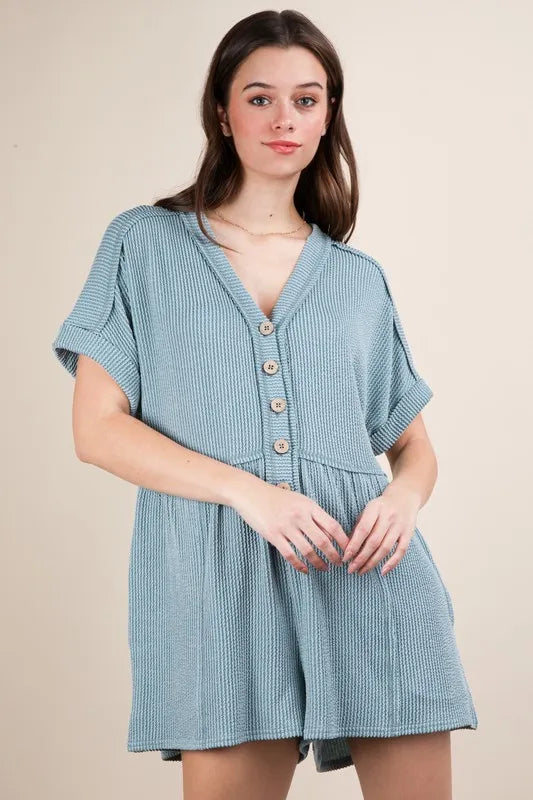 VERY J Two Tone Ribbed Knit Comfy Casual Romper - Brittney MADE