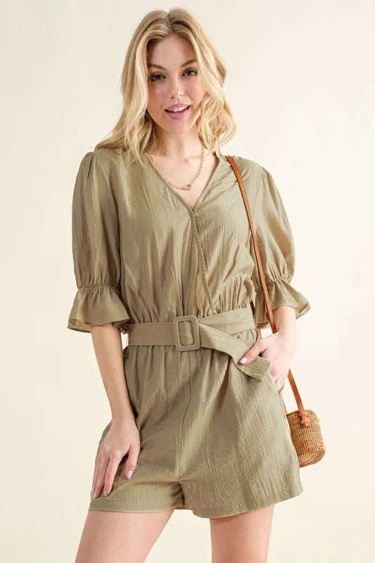 And The Why Flounce Sleeves Romper with Belt - Brittney MADE