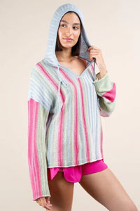 VERY J Multi Color Stripe Long Sleeve Knit Hoodie - Brittney MADE