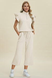 Double Take Full Size Texture Ruffle Short Sleeve Top and Wide Leg Pants Set - Brittney MADE