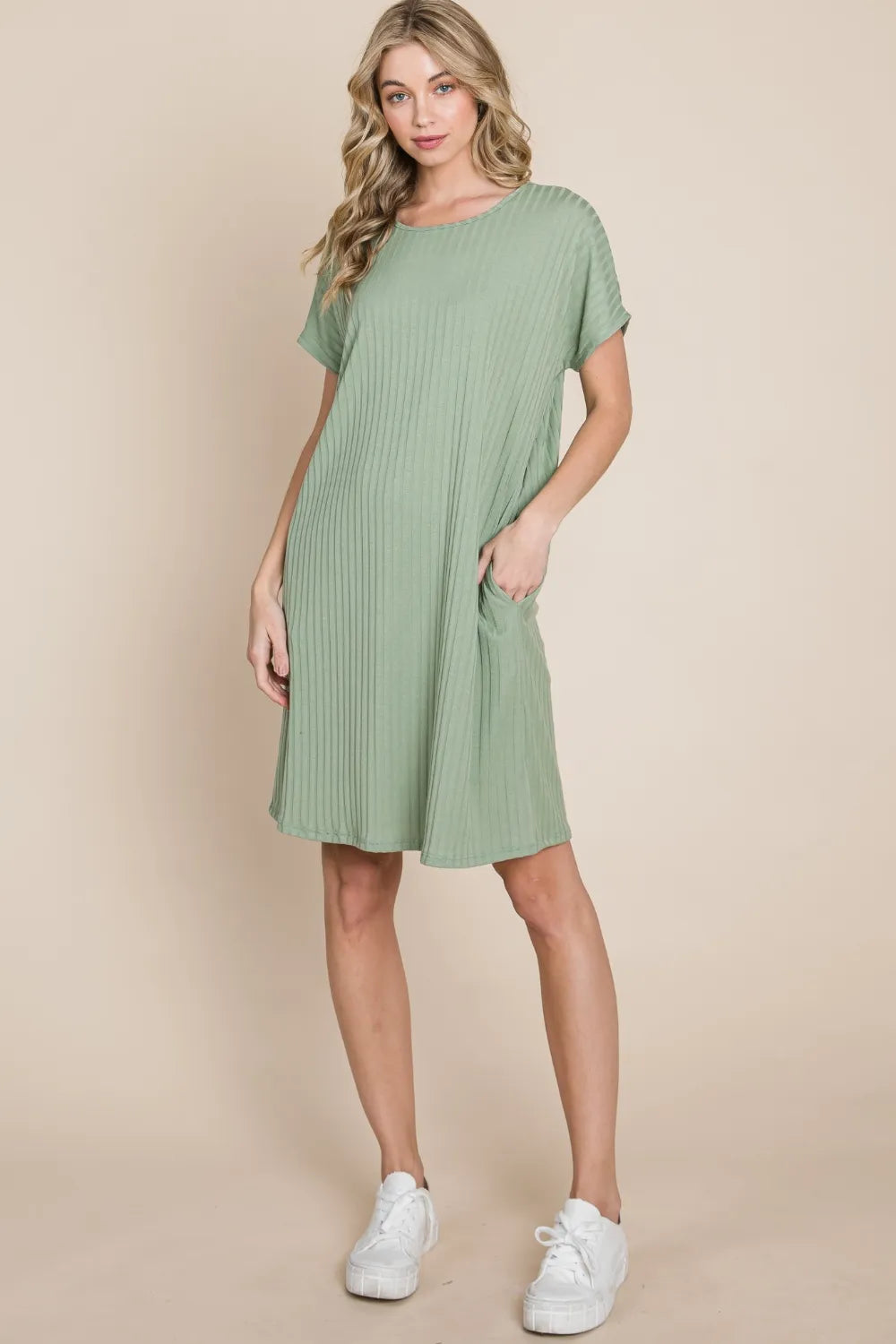 BOMBOM Ribbed Round Neck Short Sleeve Dress - Brittney MADE