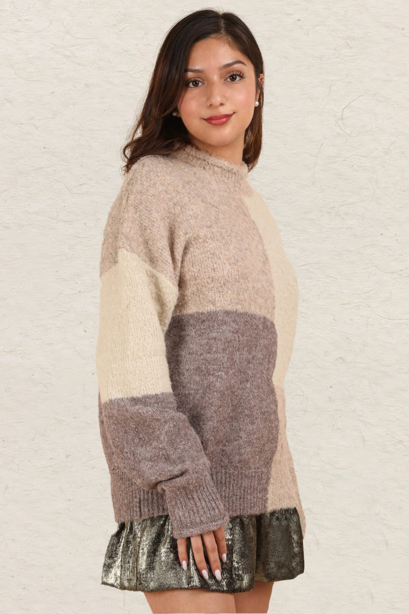 VERY J Color Block Mock Neck Drop Shoulder Sweater - Brittney MADE