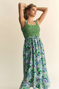 Davi & Dani Multi Smocked Bodice Geo Ruffle Strappy Midi Dress - Brittney MADE