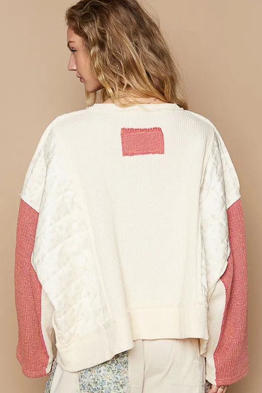POL Waffle-Knit Contrast Notched Long Sleeve Knit Top - Brittney MADE