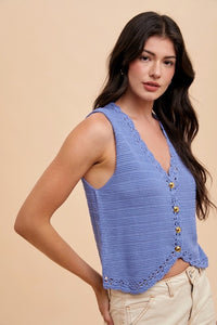 Annie Wear Crochet Trim Button Down Sweater Vest - Brittney MADE