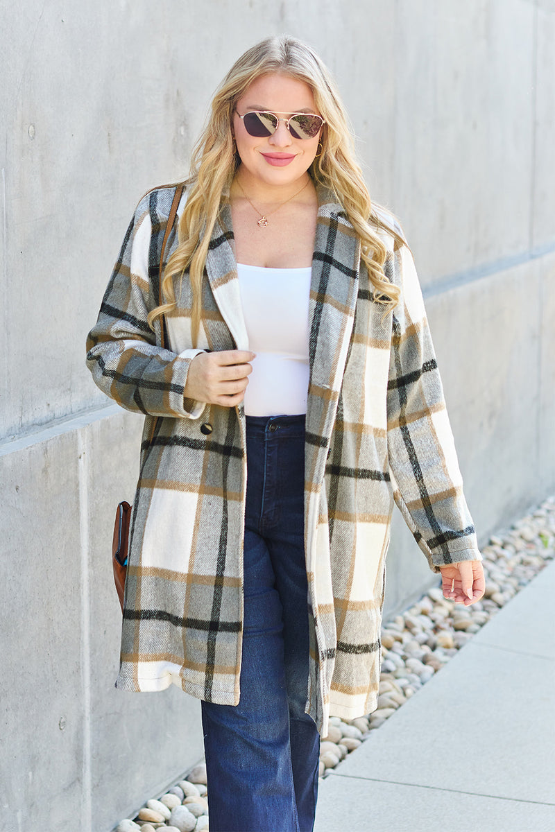 Double Take Full Size Plaid Button Up Lapel Collar Coat - Brittney MADE