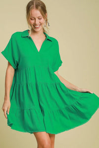Umgee Full Size Raw Hem Folded Sleeve Tiered Dress Plus Size - Brittney MADE