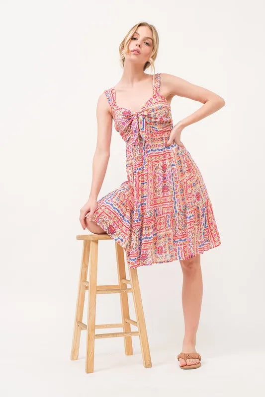 And The Why Tied Front Smocked Back Tiered Boho Printed Dress - Brittney MADE