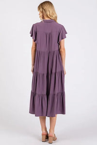 Mittoshop Ruffle Sleeve Collared V Neck Tiered Midi Dress - Brittney MADE