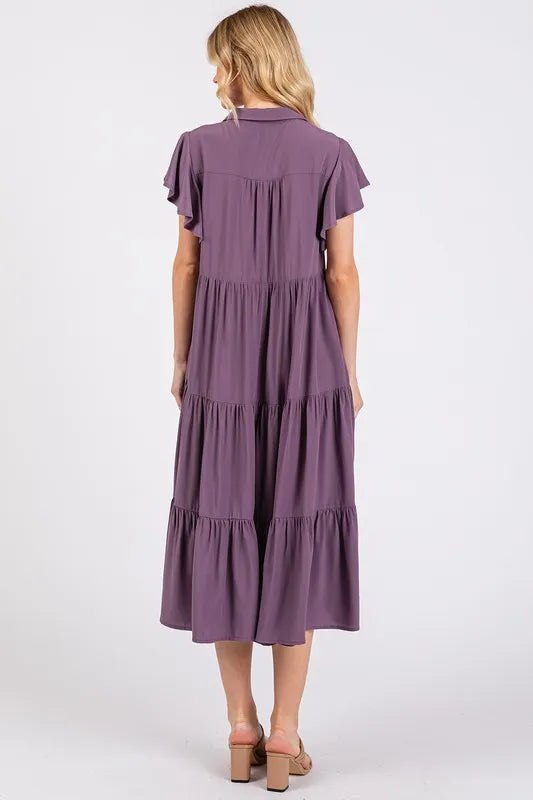 Mittoshop Ruffle Sleeve Collared V Neck Tiered Midi Dress - Brittney MADE