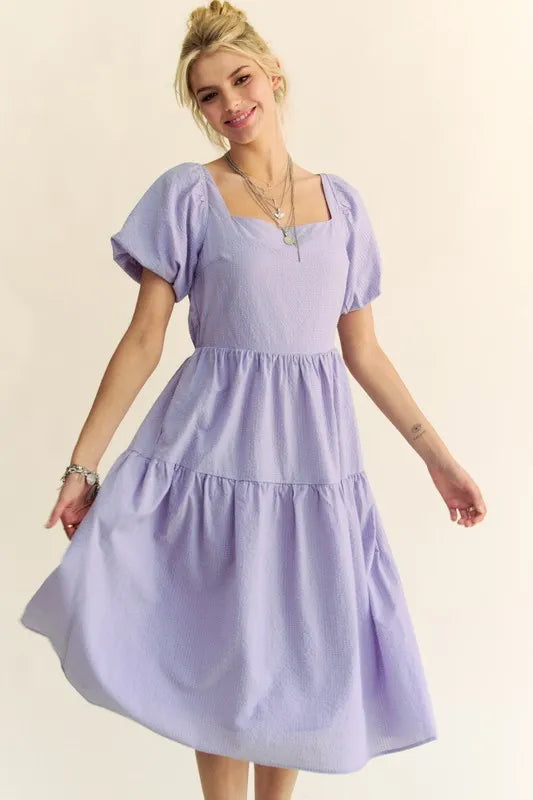 Davi & Dani Textured Fabric Short Puff Sleeve Midi Dress - Brittney MADE