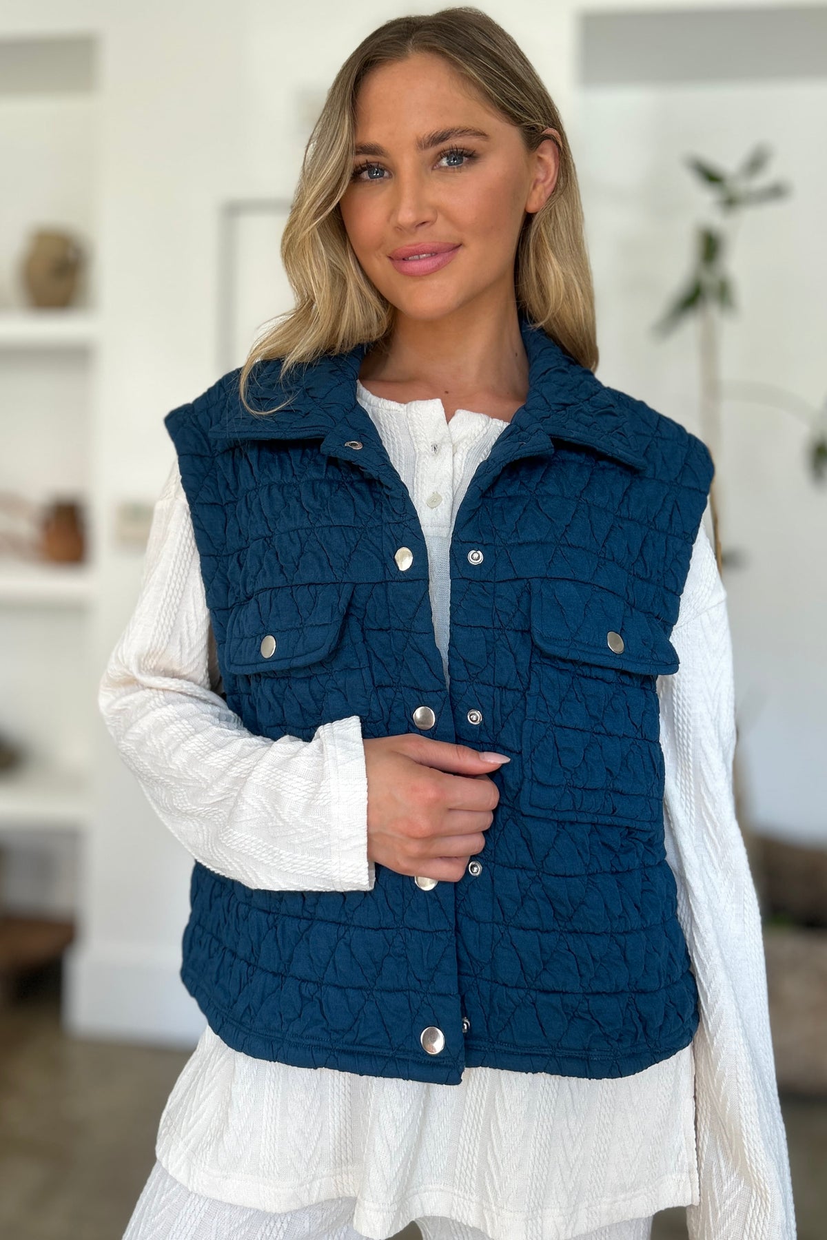 Double Take Full Size Pocketed Texture Snap Down Vest Coat - Brittney MADE