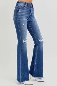 RISEN Full Size High Rise Distressed Raw Hem Flare Jeans - Brittney MADE