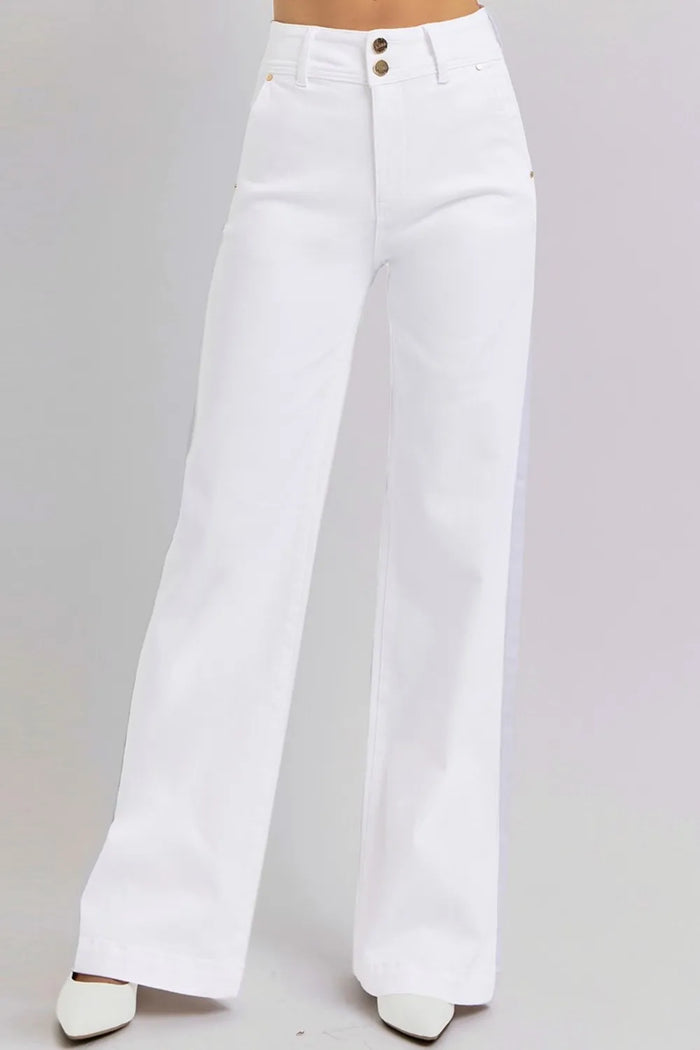 RISEN Full Size Tummy Control Double Button Wide Leg Jeans - Brittney MADE
