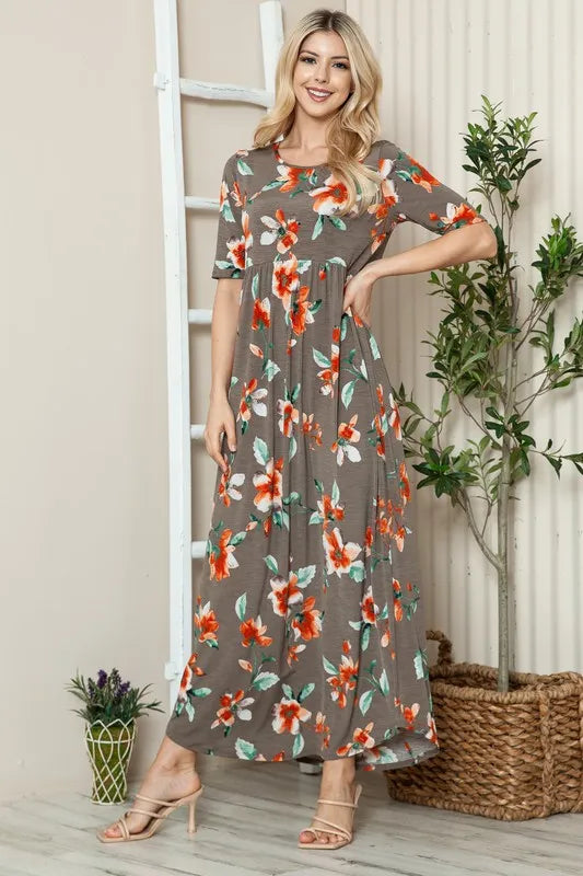 BOMBOM Floral Round Neck Short Sleeve Maxi Tee Dress - Brittney MADE