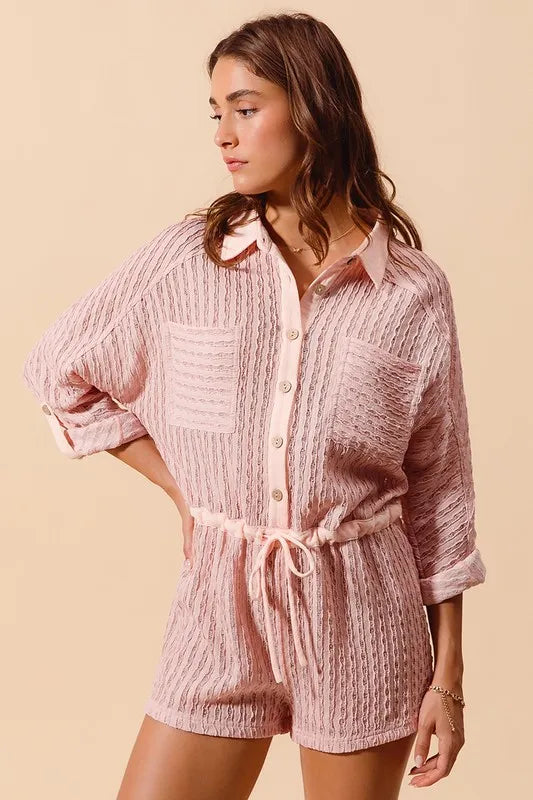 SO ME Textured Knit Button Front Romper - Brittney MADE