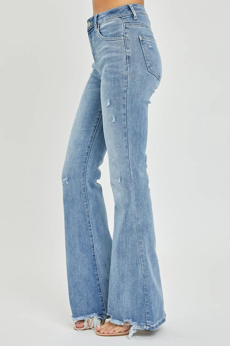 Risen Full Size High Rise Frayed Hem Flare Jeans - Brittney MADE
