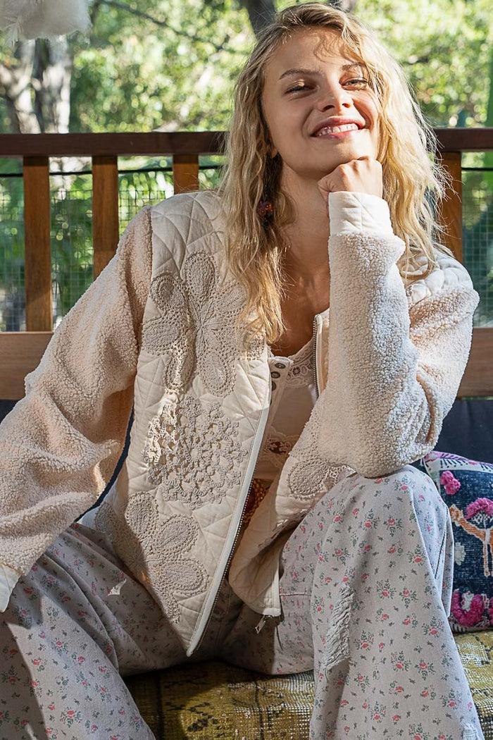 POL Lace Detail Fur Sleeve Zip Up Quilted Jacket - Brittney MADE