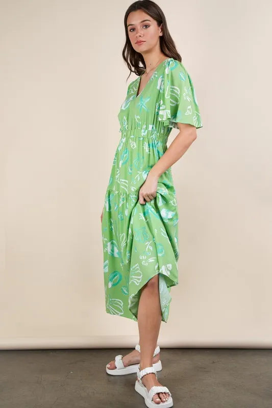 VERY J Printed V-Neck Resort Midi Dress - Brittney MADE