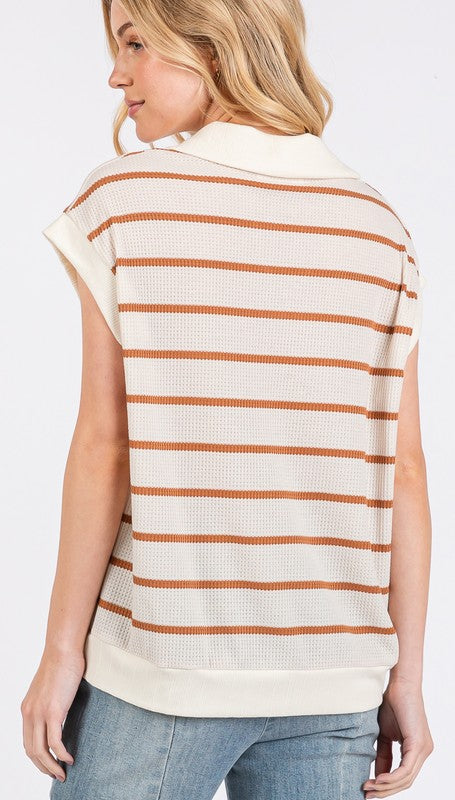 Ces Femme Collared Neck Contrast Striped Sweater Vest - Brittney MADE