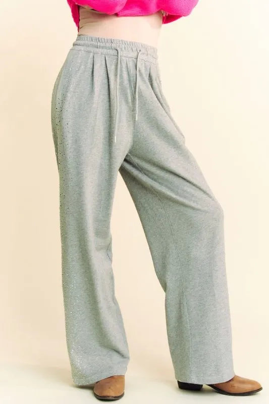 Davi & Dani Rhinestone Elastic Waist Wide Leg Pants - Brittney MADE