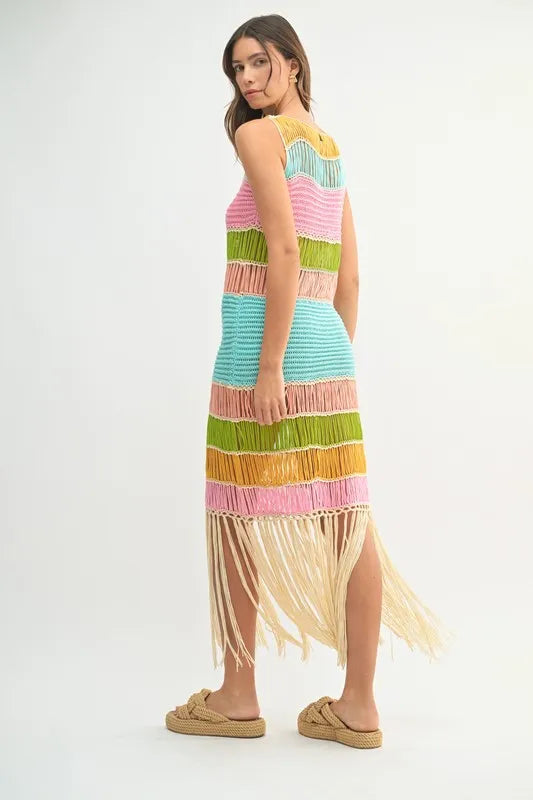 MABLE Multi Color Fringed Crochet Knit Dress - Brittney MADE