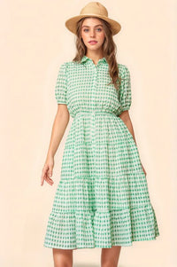 Davi & Dani Checkered Puff Sleeve Tiered Shirt Dress - Brittney MADE