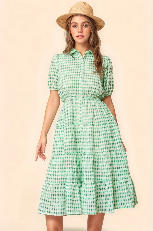 Davi & Dani Checkered Puff Sleeve Tiered Shirt Dress - Brittney MADE