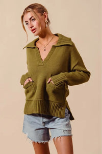 SO ME Flap Collar Sweater Pullover Top with Patch Pocket - Brittney MADE