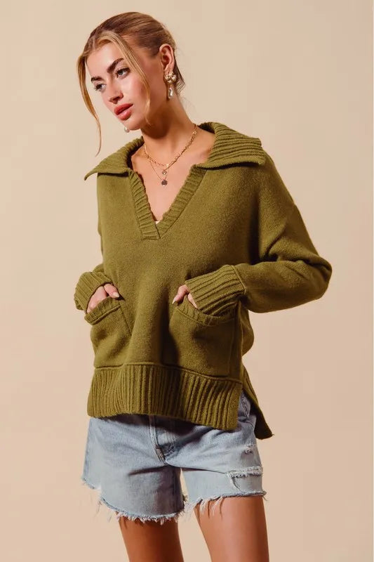 SO ME Flap Collar Sweater Pullover Top with Patch Pocket - Brittney MADE